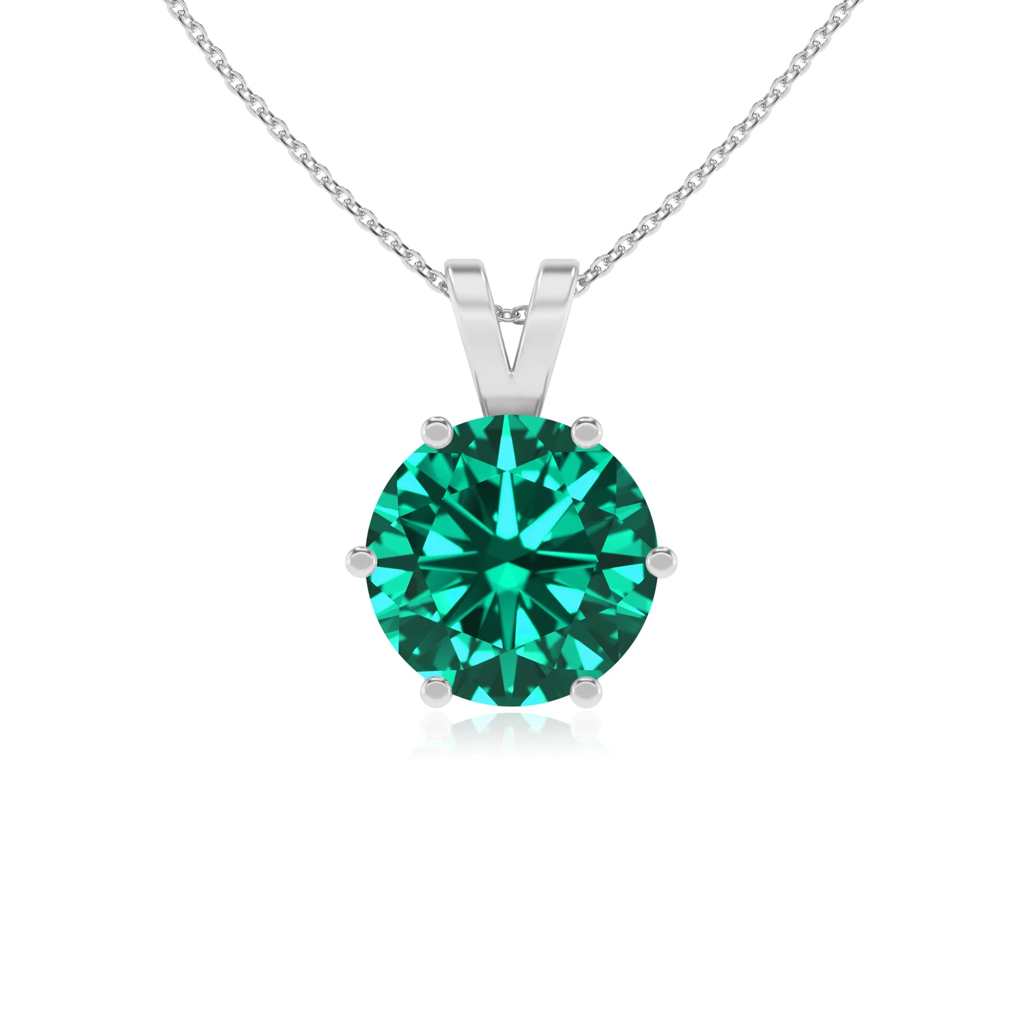 lab grown emerald round solitaire v-bale necklaces in white gold 