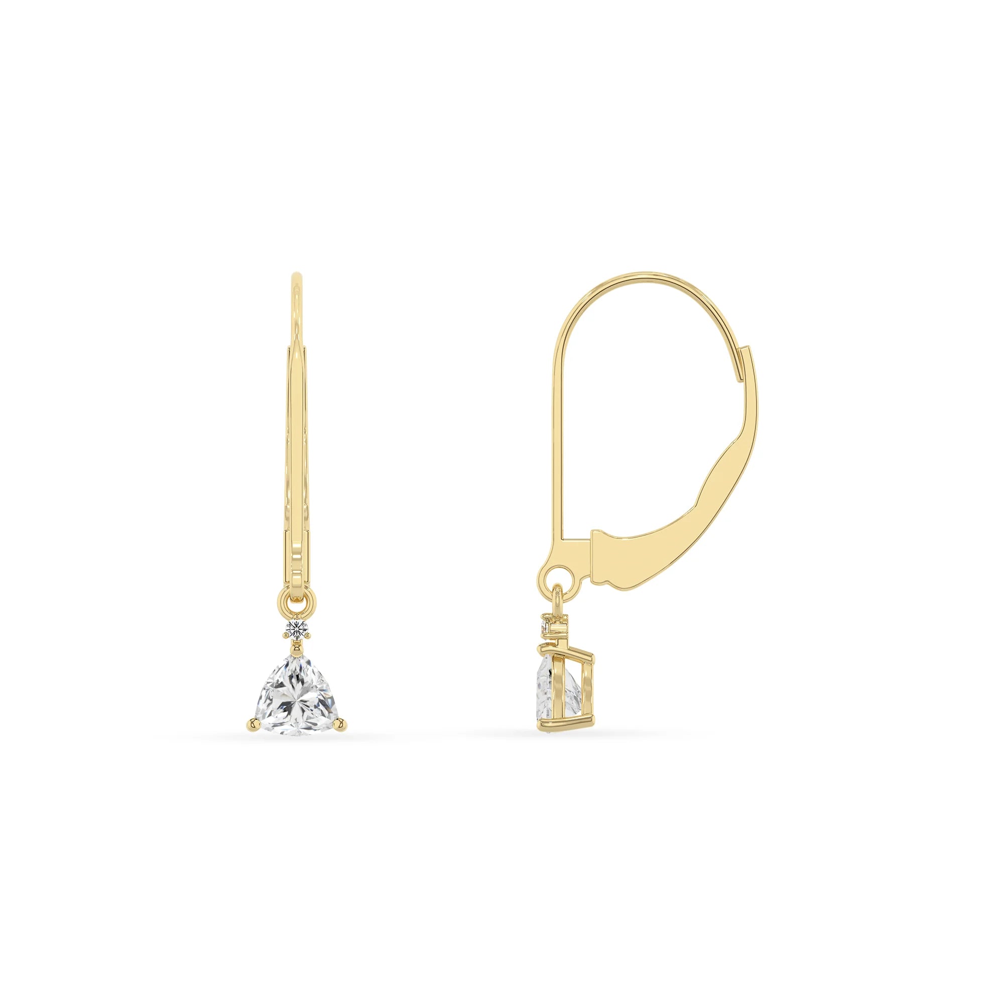 lab grown moissanite trillion drop earrings in yellow gold 