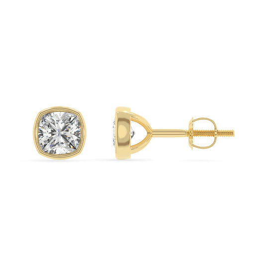 lab grown moissanite cushion stud earrings in yellow gold 