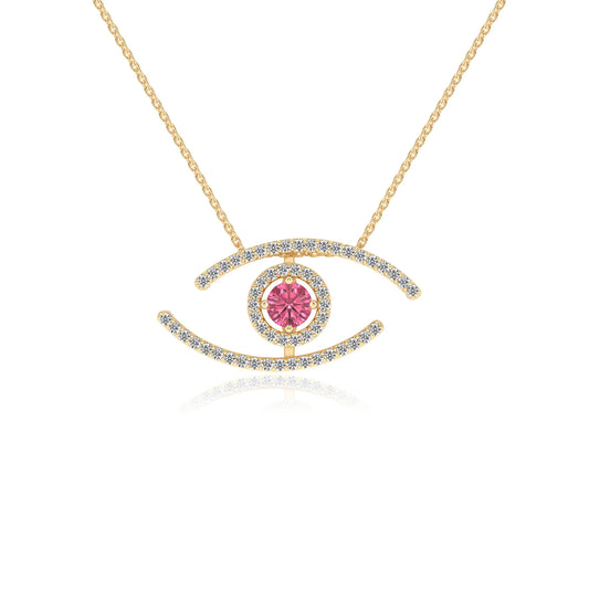 lab grown pink-tourmaline round solitaire necklaces in yellow gold 