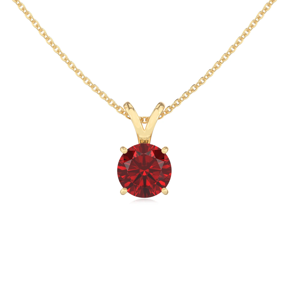 lab grown ruby round solitaire v-bale necklaces in yellow gold 