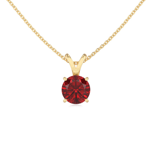 lab grown ruby round solitaire v-bale necklaces in yellow gold 