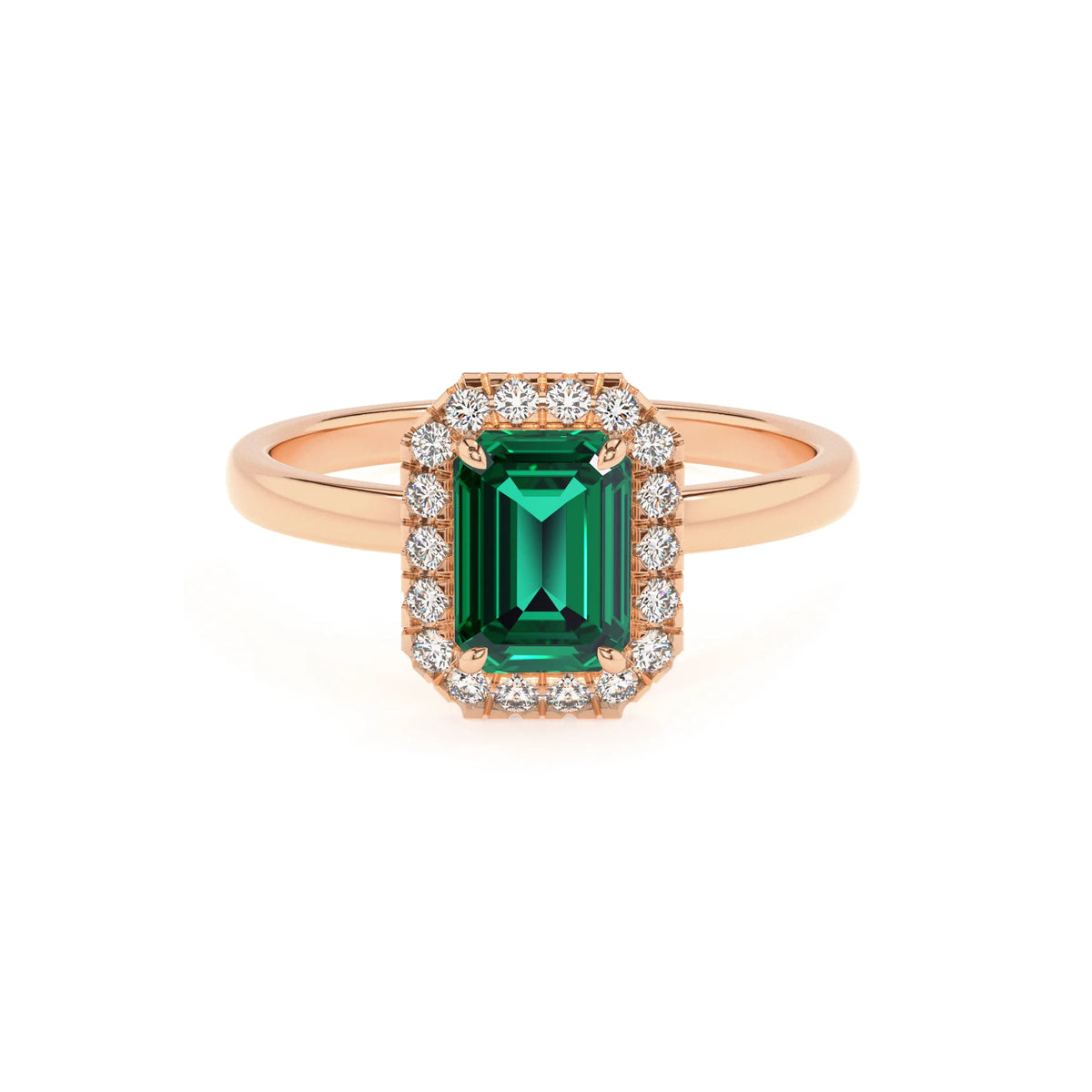 lab grown emerald octogon cut solitaire rings in rose gold 