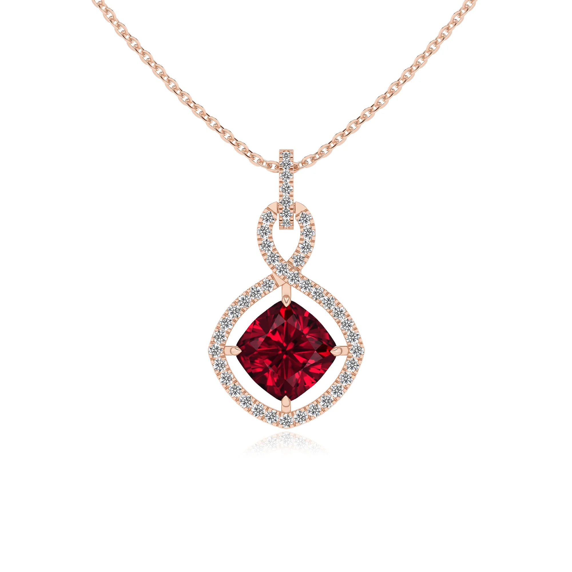 lab grown ruby cushion infinity necklaces in rose gold 