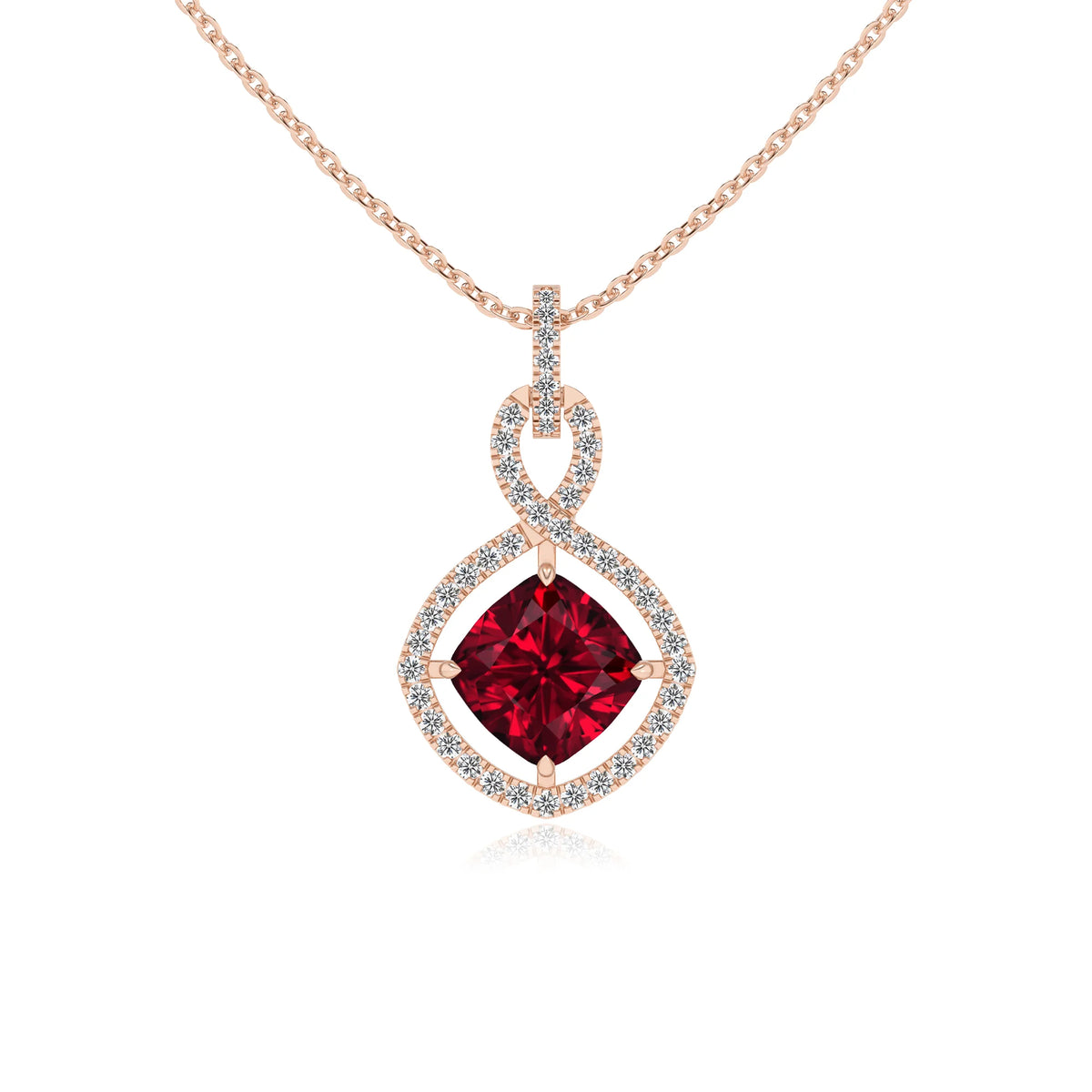 lab grown ruby cushion infinity necklaces in rose gold 
