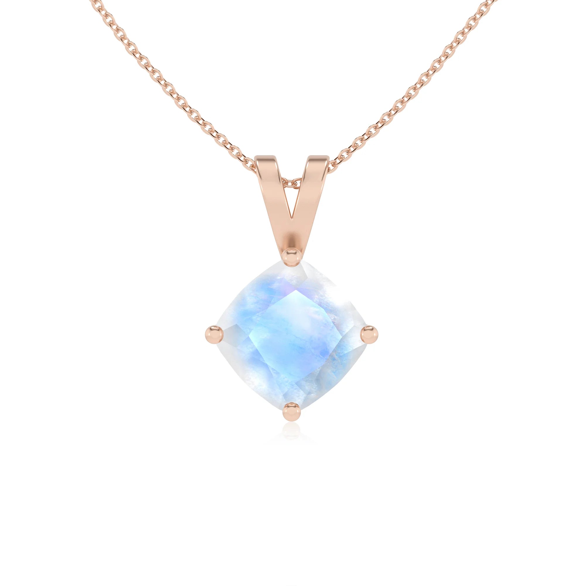 natural rainbow-moonstone cushion solitaire v-bale necklaces in rose gold 