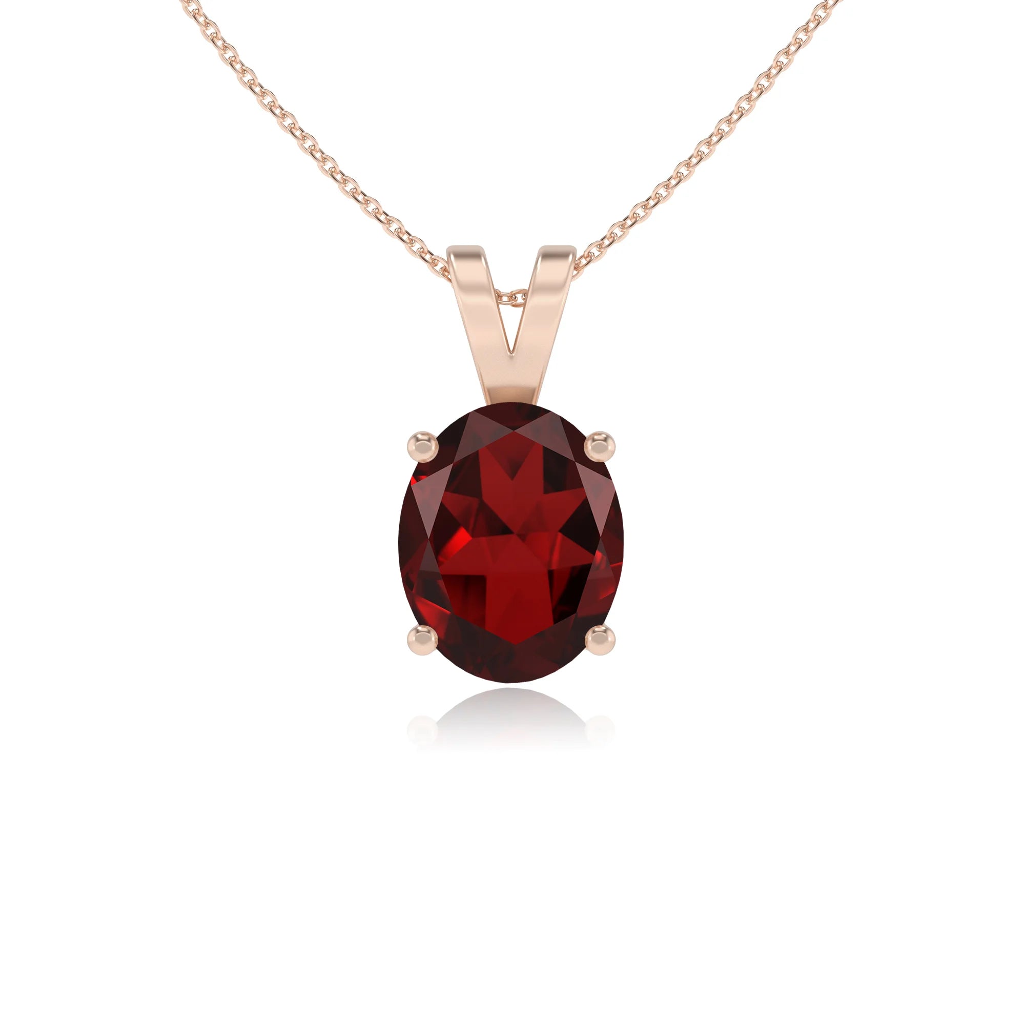 natural garnet oval solitaire v-bale necklaces in rose gold 