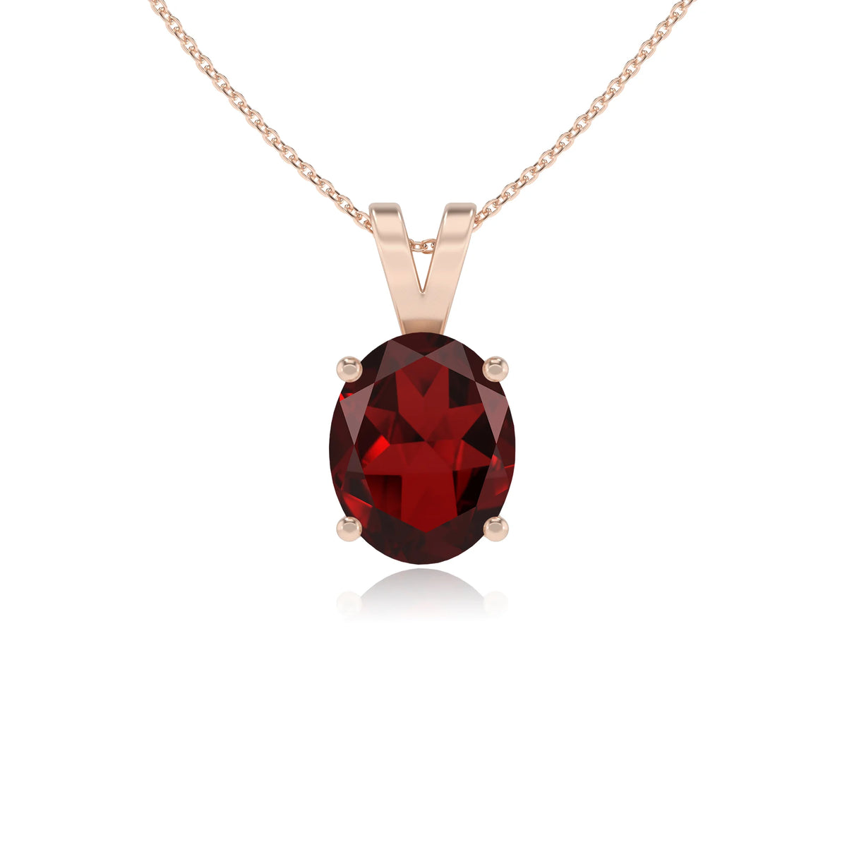 natural garnet oval solitaire v-bale necklaces in rose gold 