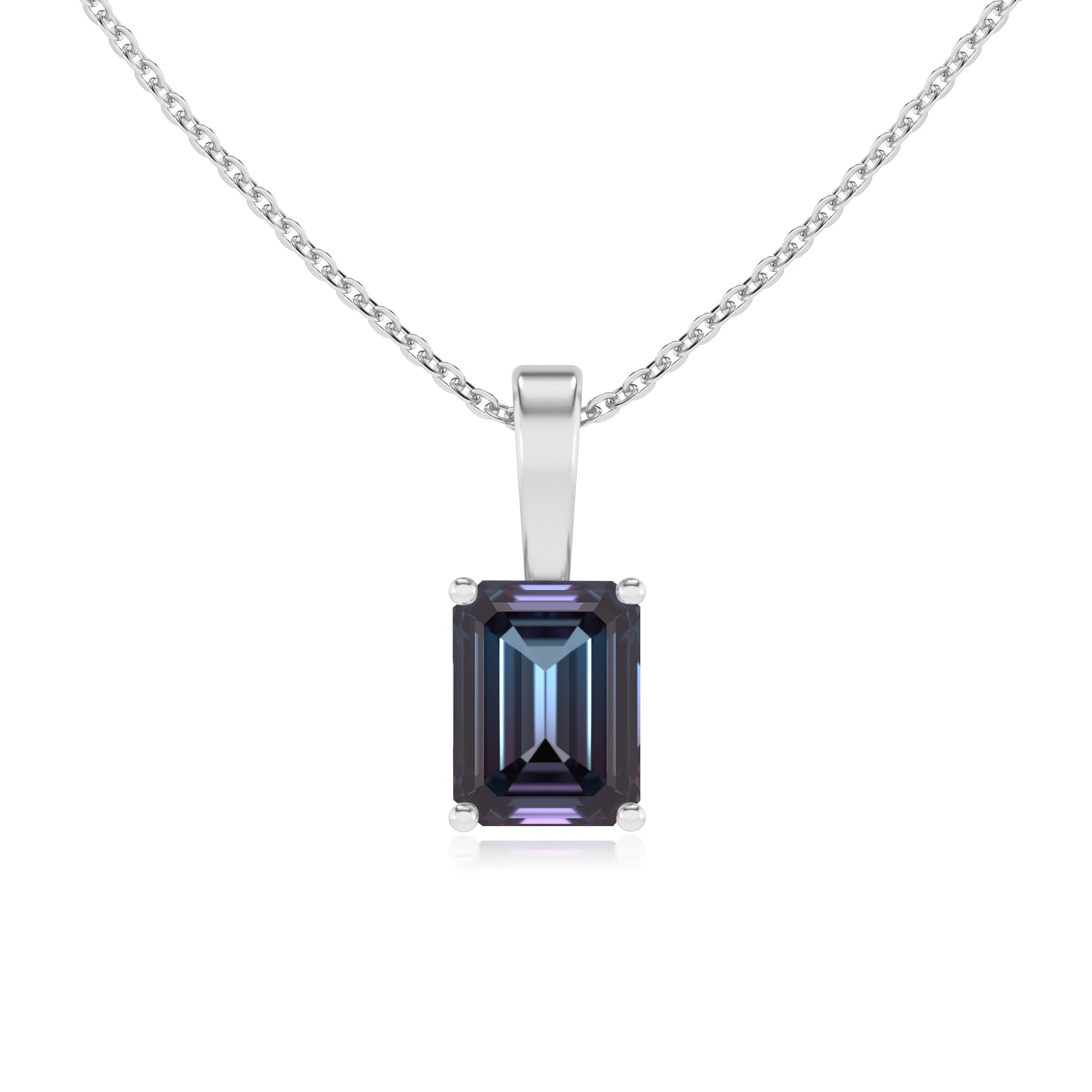 lab grown alexandrite emerald cut solitaire necklaces in sterling silver 