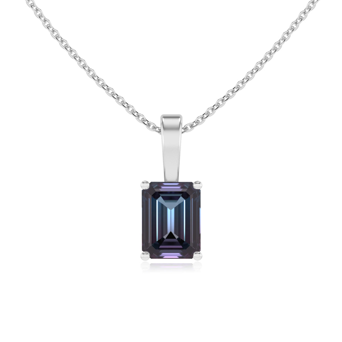 lab grown alexandrite emerald cut solitaire necklaces in sterling silver 
