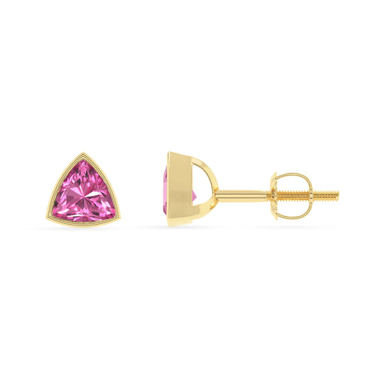 lab grown pink sapphire trillion stud earrings in yellow gold 