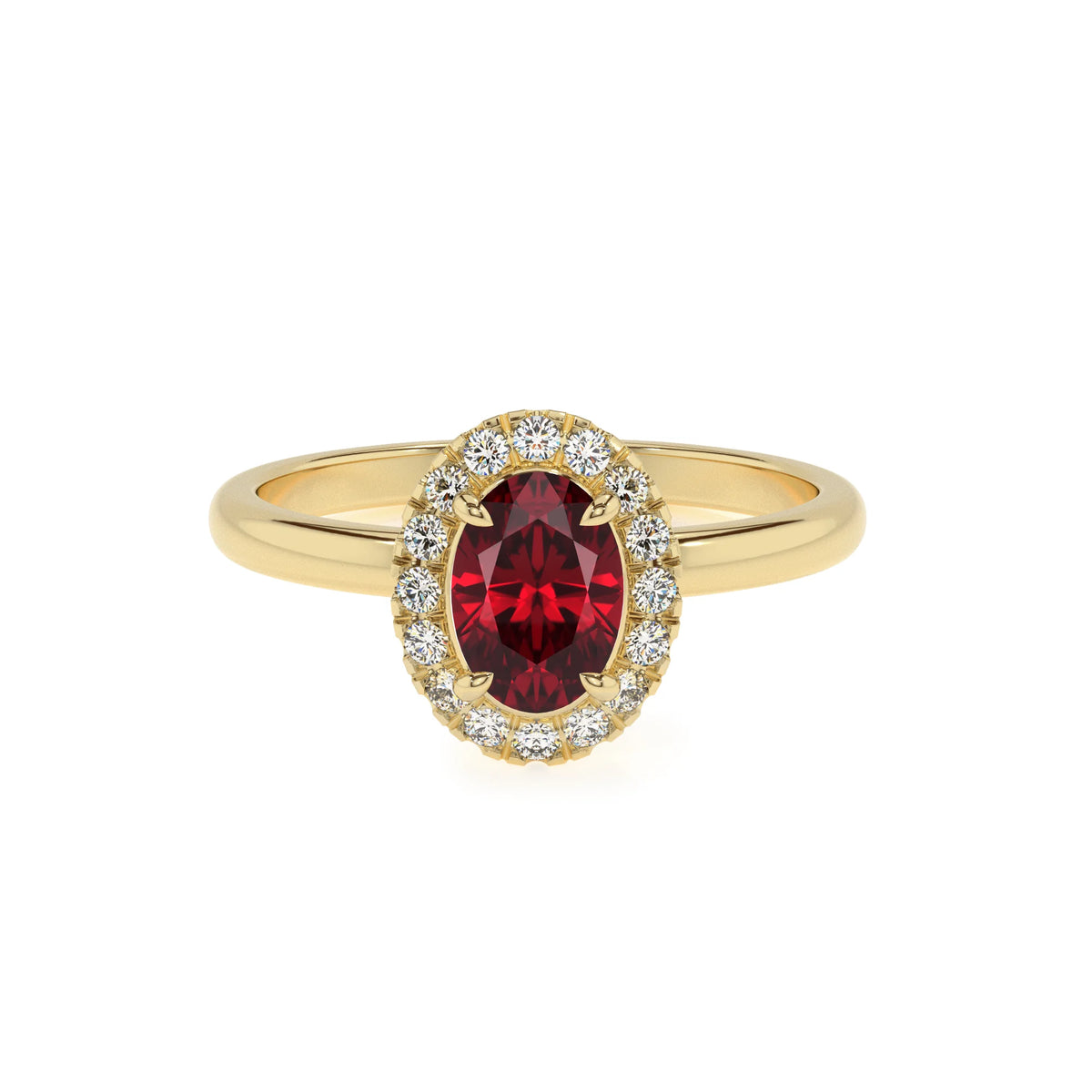 lab grown ruby oval solitaire rings in yellow gold 