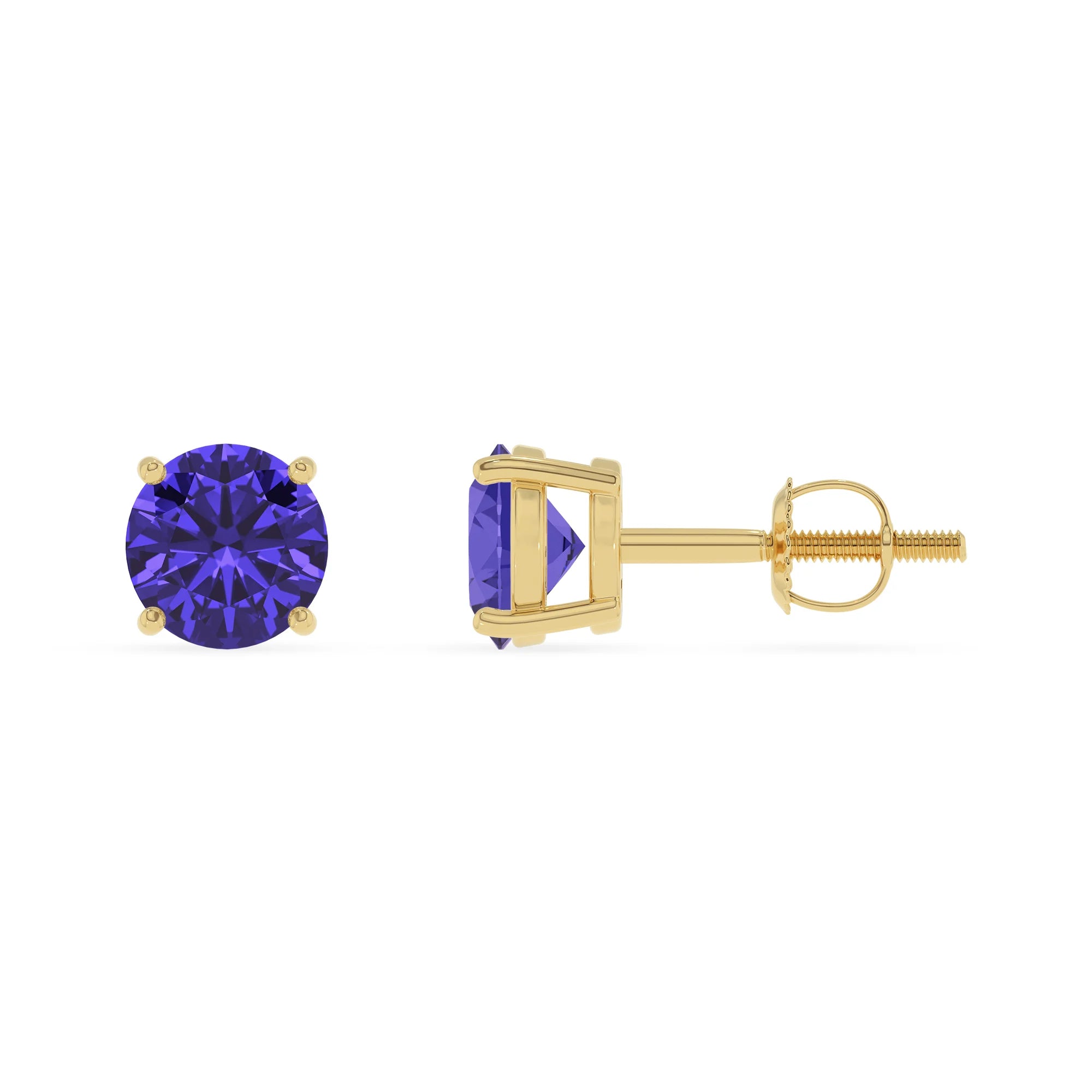 lab grown tanzanite round stud earrings in yellow gold 