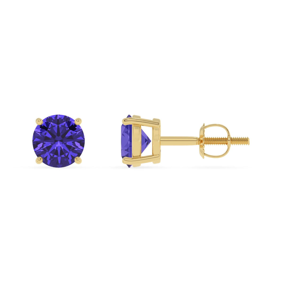 lab grown tanzanite round stud earrings in yellow gold 