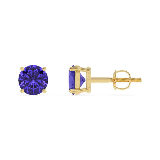 lab grown tanzanite round stud earrings in yellow gold 