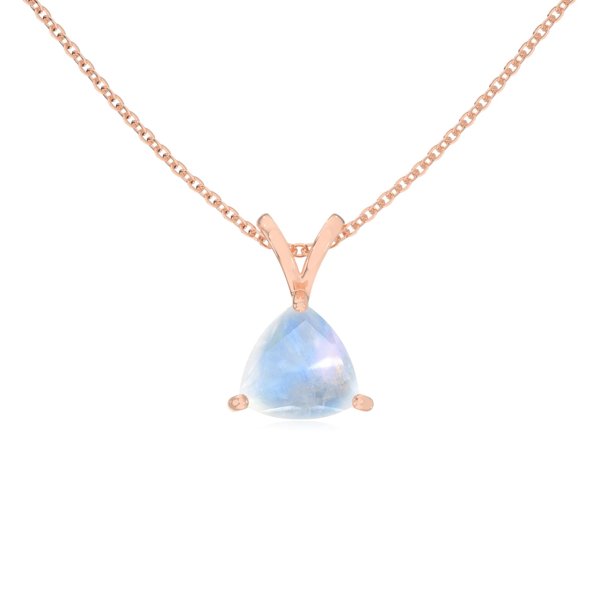 natural rainbow-moonstone trillion solitaire v-bale necklaces in rose gold 