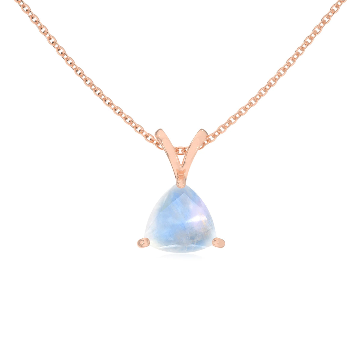 natural rainbow-moonstone trillion solitaire v-bale necklaces in rose gold 
