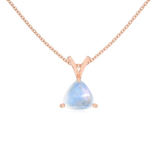 natural rainbow-moonstone trillion solitaire v-bale necklaces in rose gold 