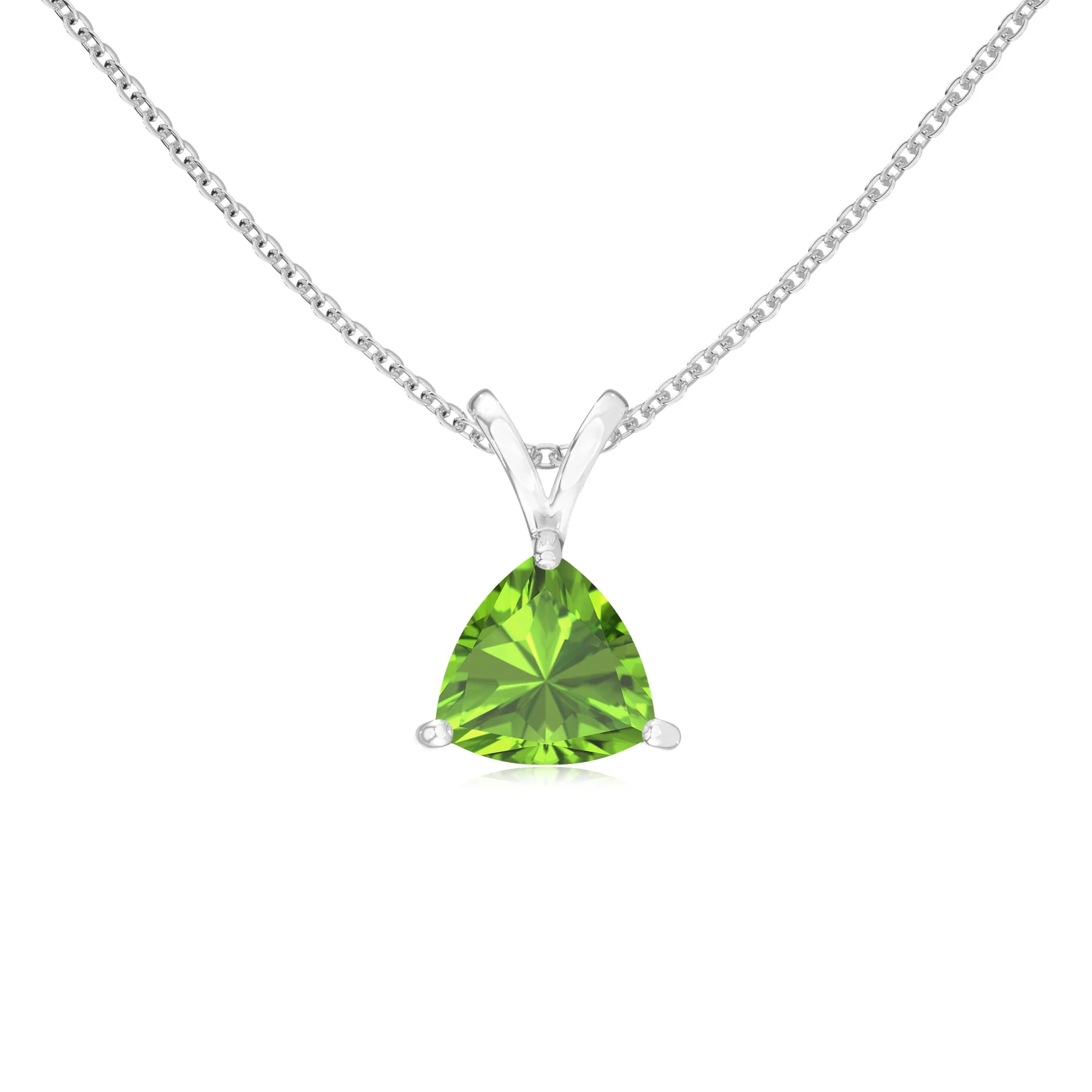 natural peridot trillion solitaire v-bale necklaces in white gold 