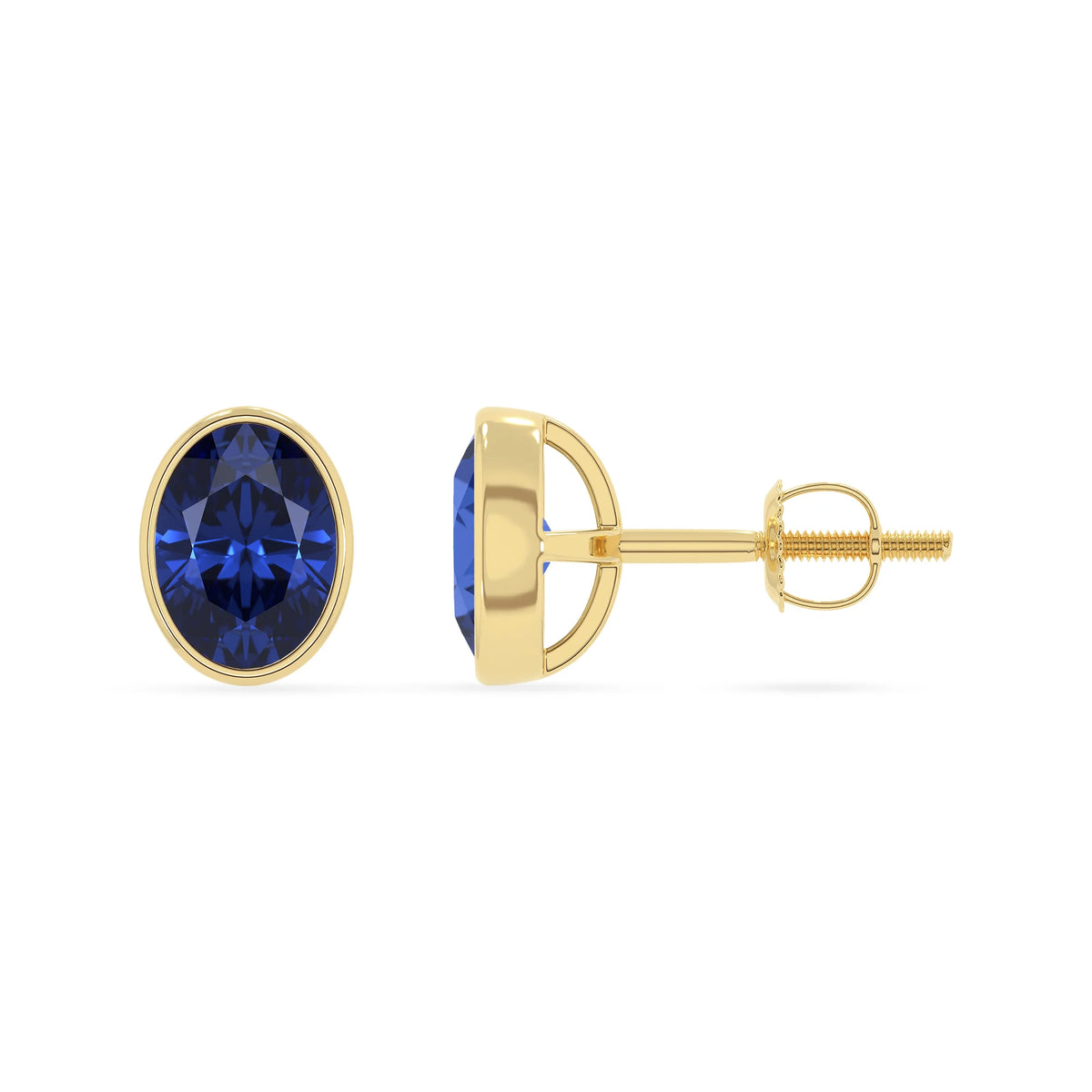 lab grown blue sapphire oval stud earrings in yellow gold 
