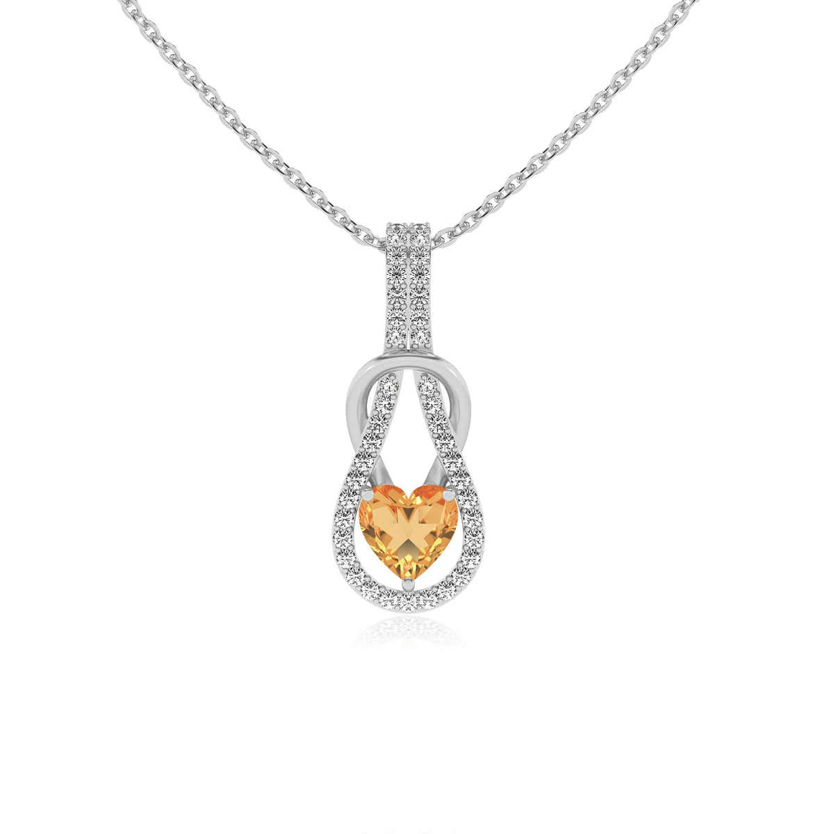 lab grown citrine heart infinity  v-bale necklaces in white gold 