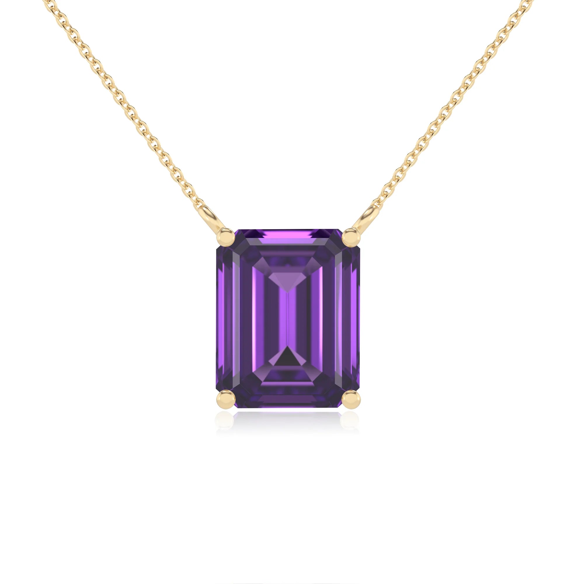 lab grown amethyst emerald cut solitaire necklaces in yellow gold 