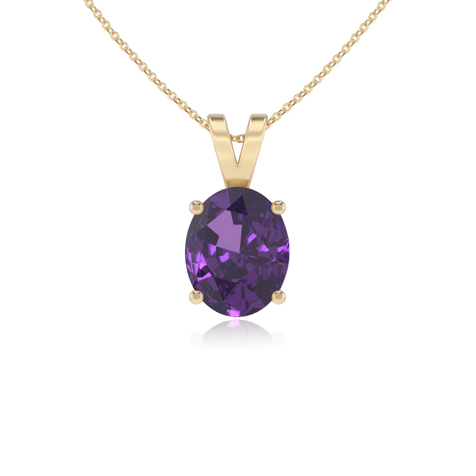 lab grown amethyst oval solitaire v-bale necklaces in yellow gold 