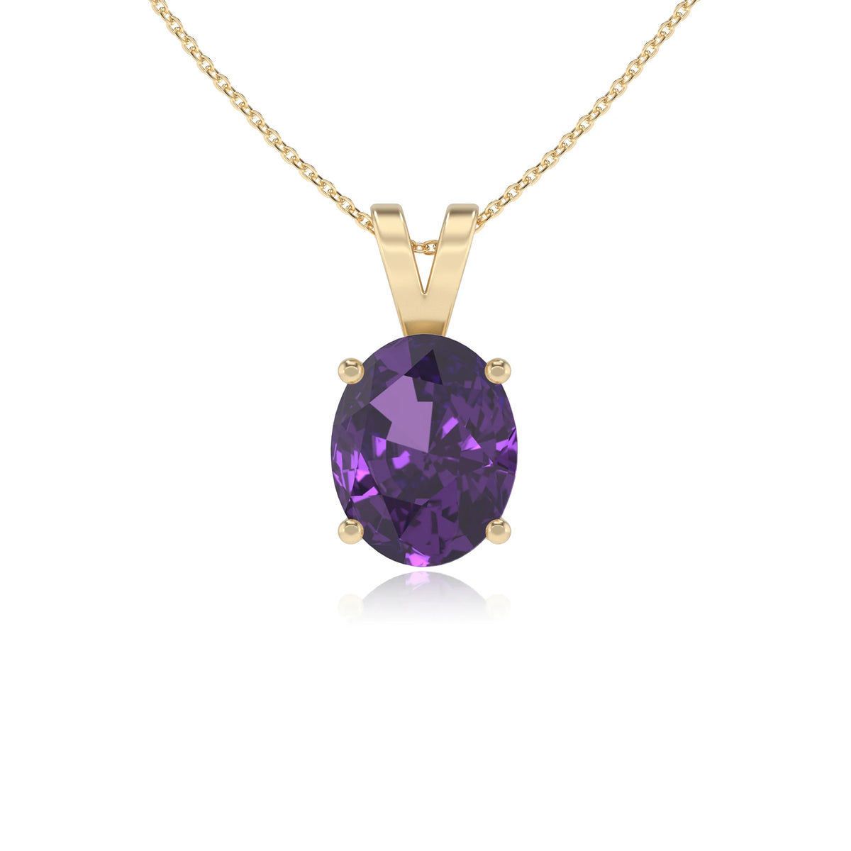 lab grown amethyst oval solitaire v-bale necklaces in yellow gold 