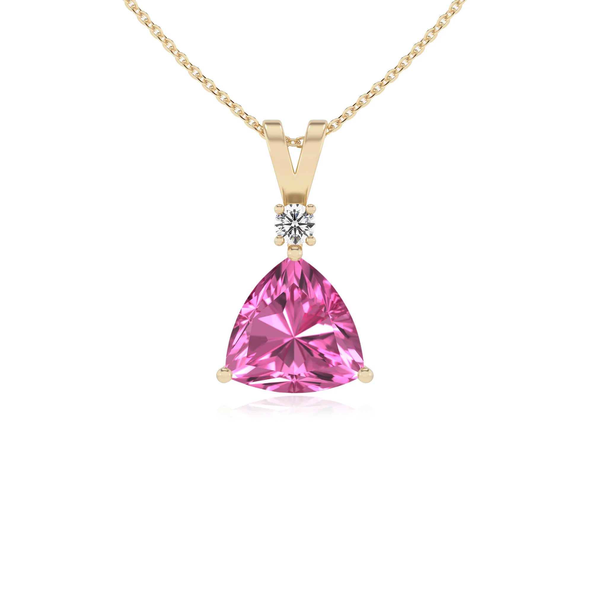 lab grown pink-sapphire trillion solitaire v-bale necklaces in yellow gold 