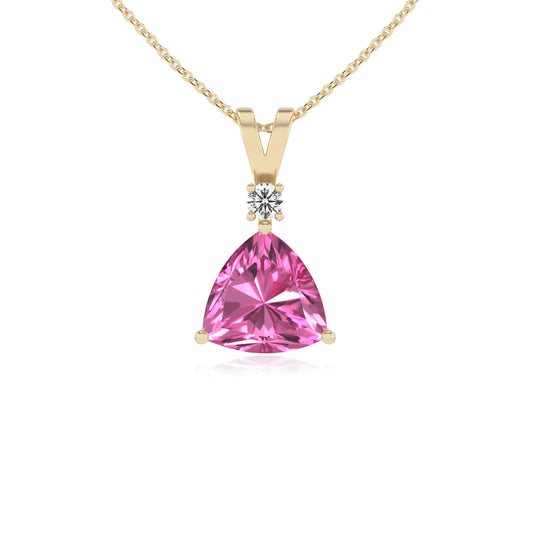 lab grown pink-sapphire trillion solitaire v-bale necklaces in yellow gold 