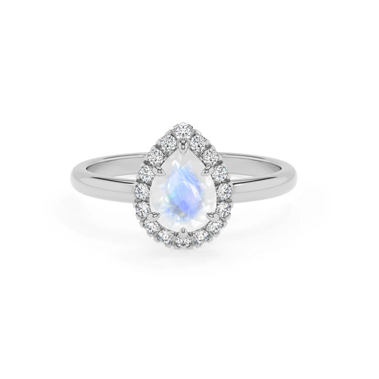 natural rainbow-moonstone pear solitaire rings in sterling silver 