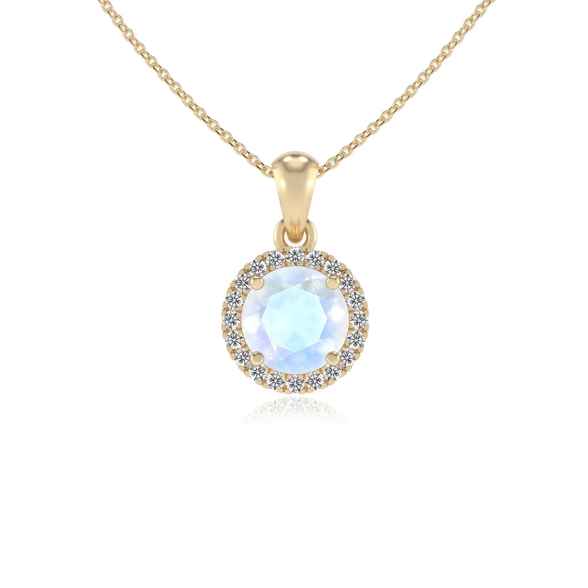 natural rainbow-moonstone round solitaire necklaces in yellow gold 