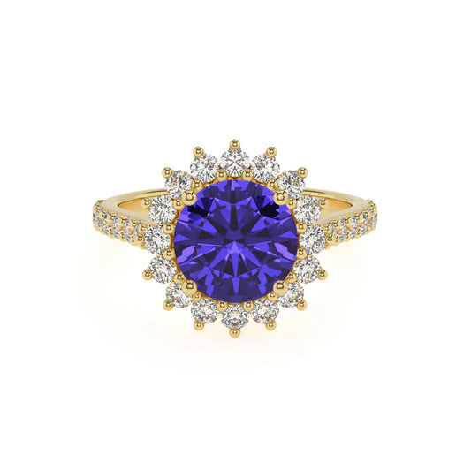 lab grown tanzanite round solitaire rings in yellow gold 