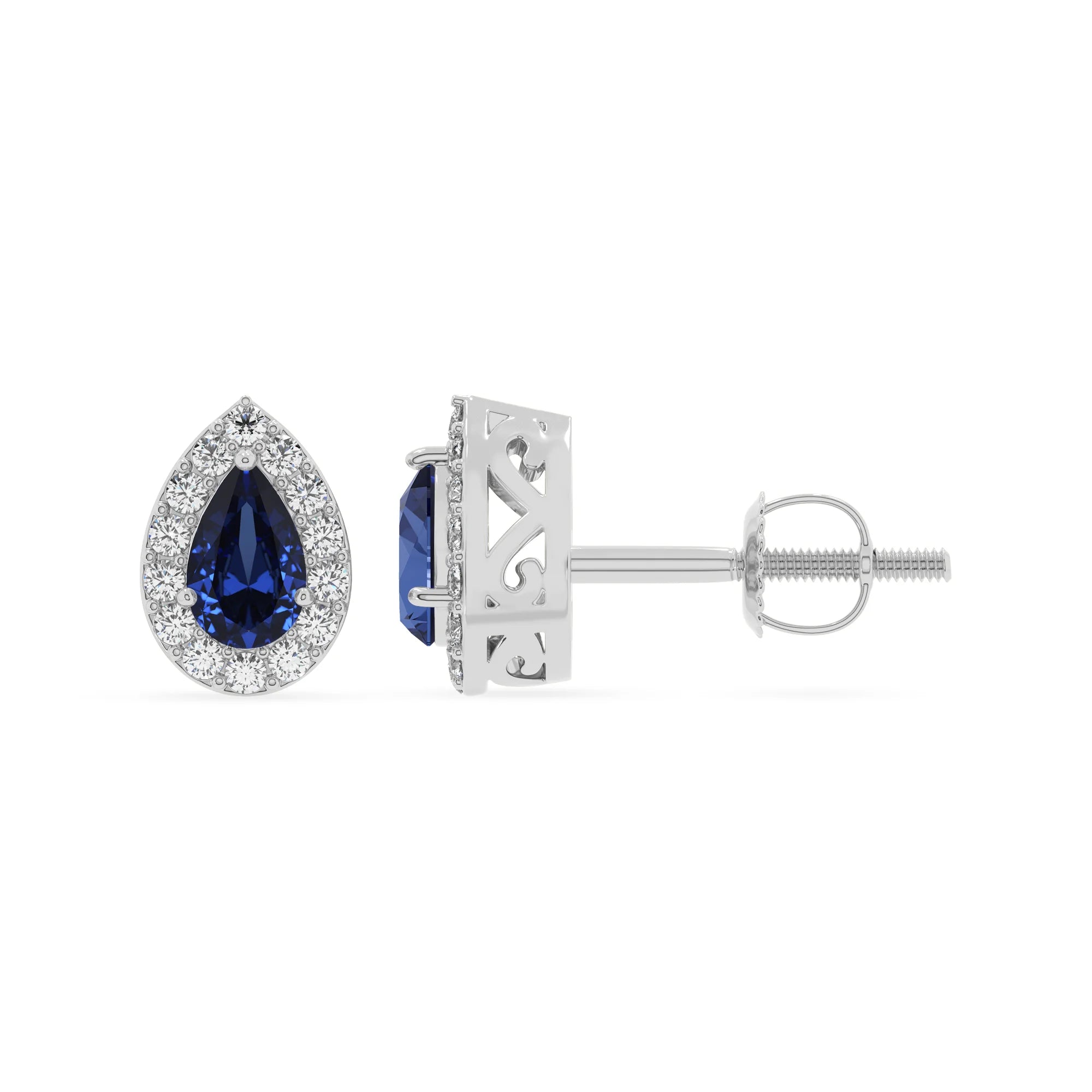 lab grown blue sapphire pear stud earrings in white gold 