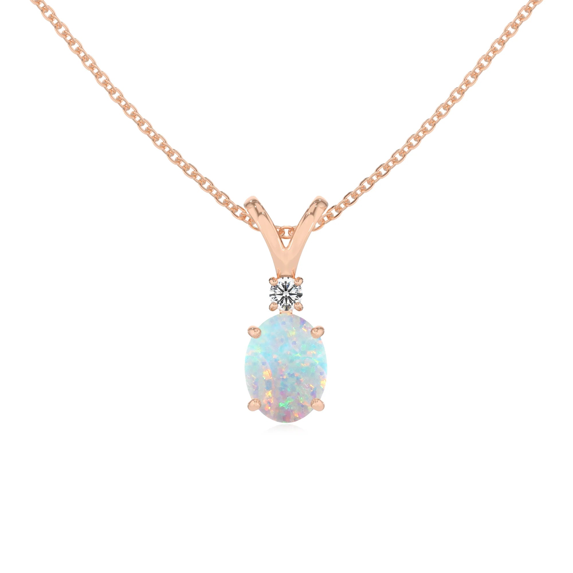 lab grown opal oval solitaire v-bale necklaces in rose gold 