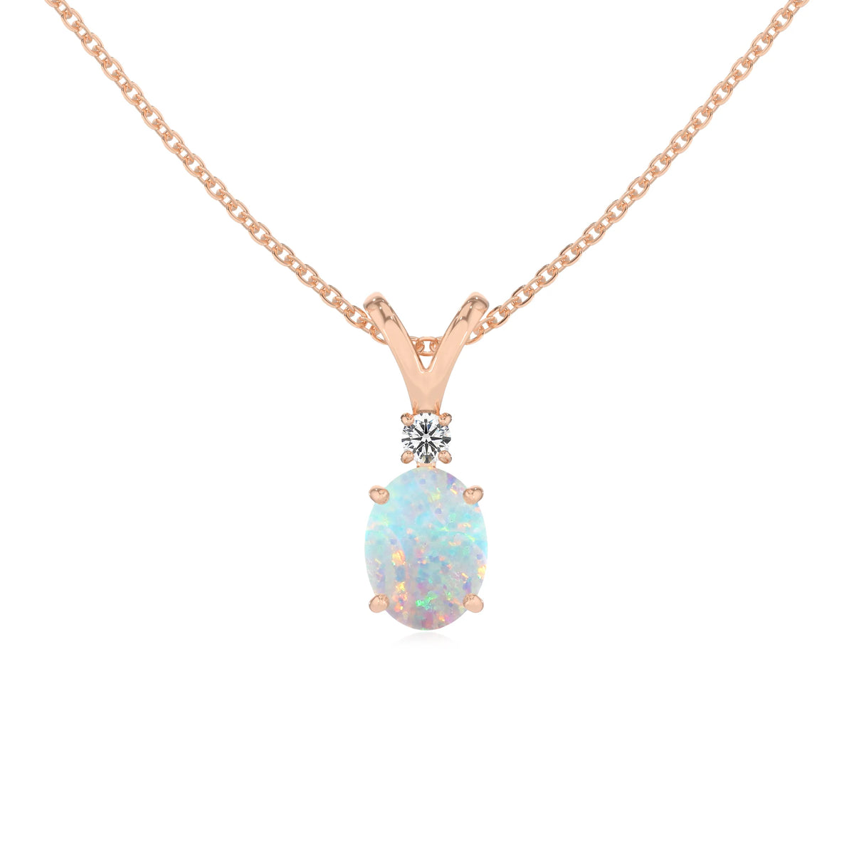 lab grown opal oval solitaire v-bale necklaces in rose gold 