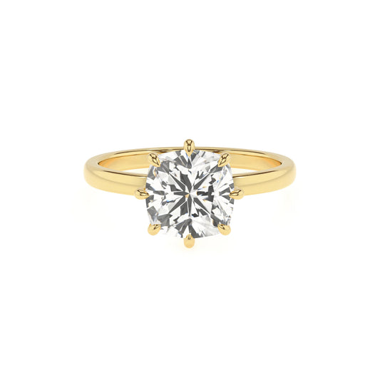 lab grown moissanite cushion solitaire rings in yellow gold 
