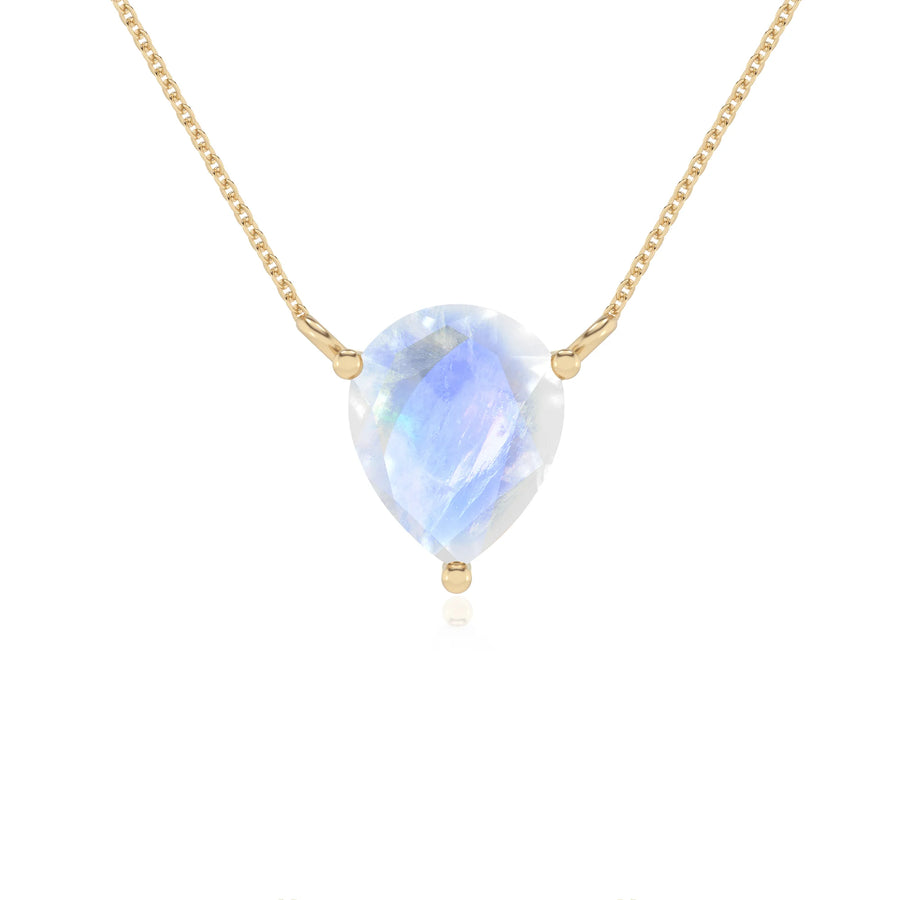 natural rainbow-moonstone pear solitaire necklaces in yellow gold 