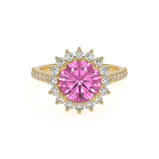 lab grown pink-sapphire round solitaire rings in yellow gold 