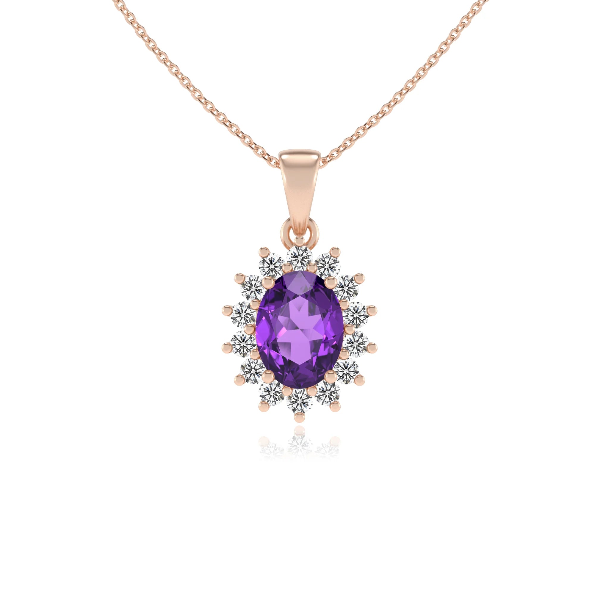 lab grown amethyst oval halo necklaces in rose gold 
