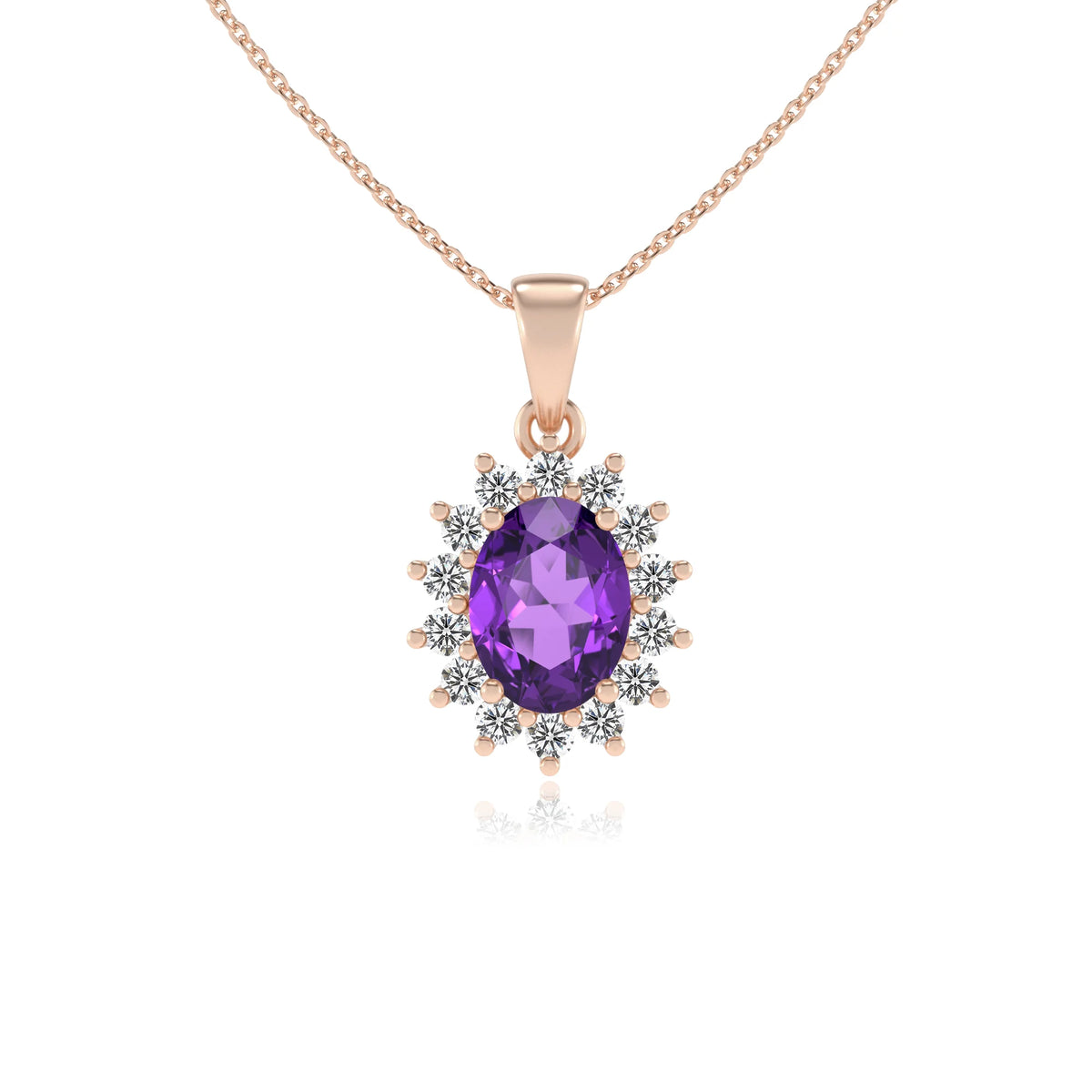 lab grown amethyst oval halo necklaces in rose gold 