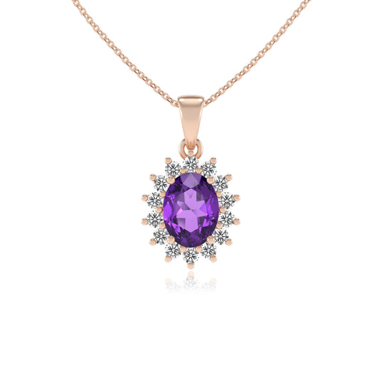 lab grown amethyst oval halo necklaces in rose gold 