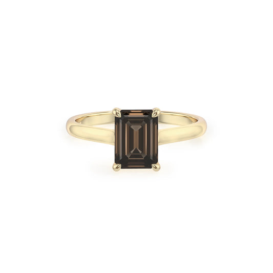 natural smoky-quartz emerald cut solitaire rings in yellow gold 