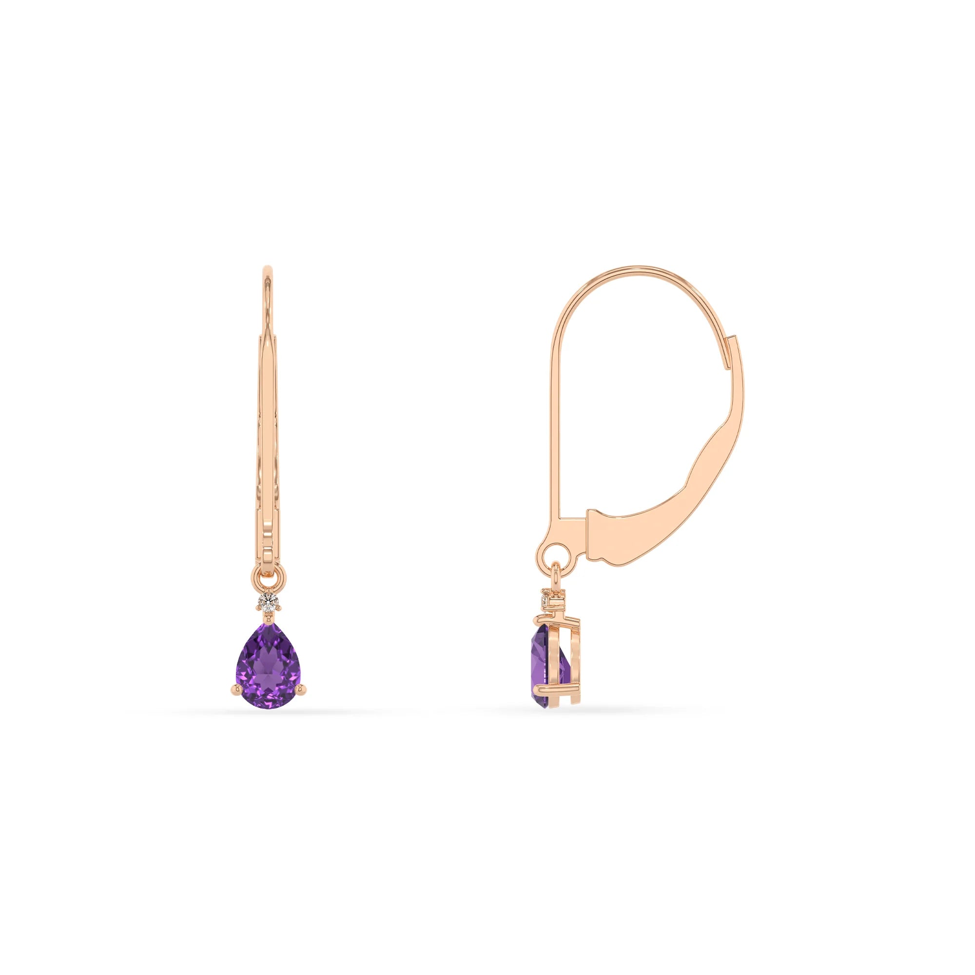 lab grown amethyst pear drop earrings in rose gold 