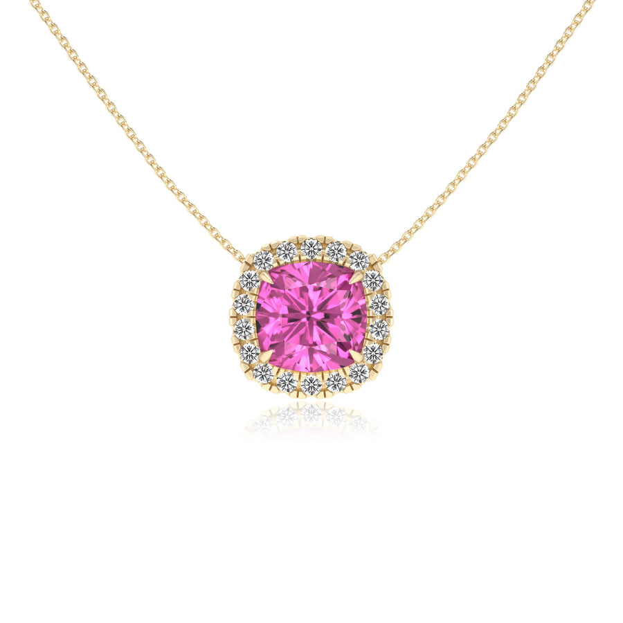 lab grown pink sapphire cushion solitaire necklaces in yellow gold 