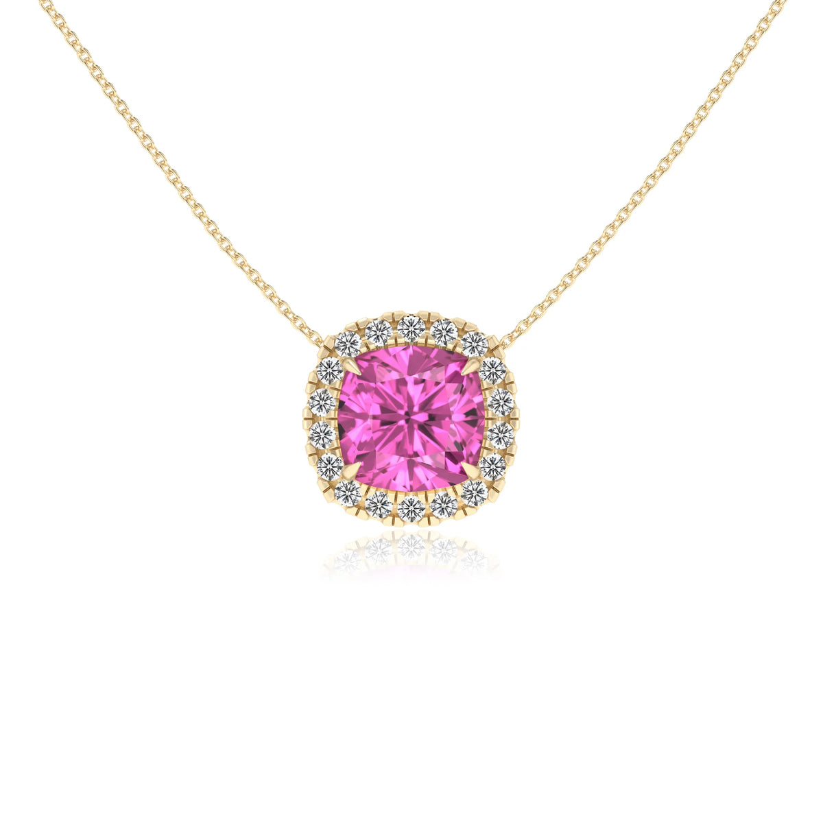 lab grown pink sapphire cushion solitaire necklaces in yellow gold 