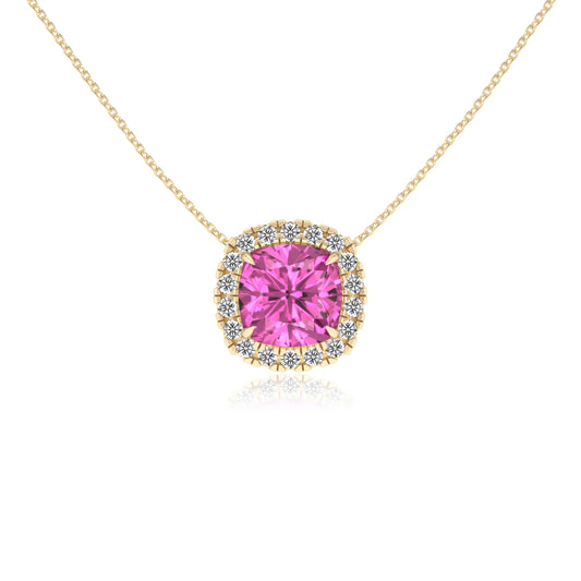 lab grown pink sapphire cushion solitaire necklaces in yellow gold 