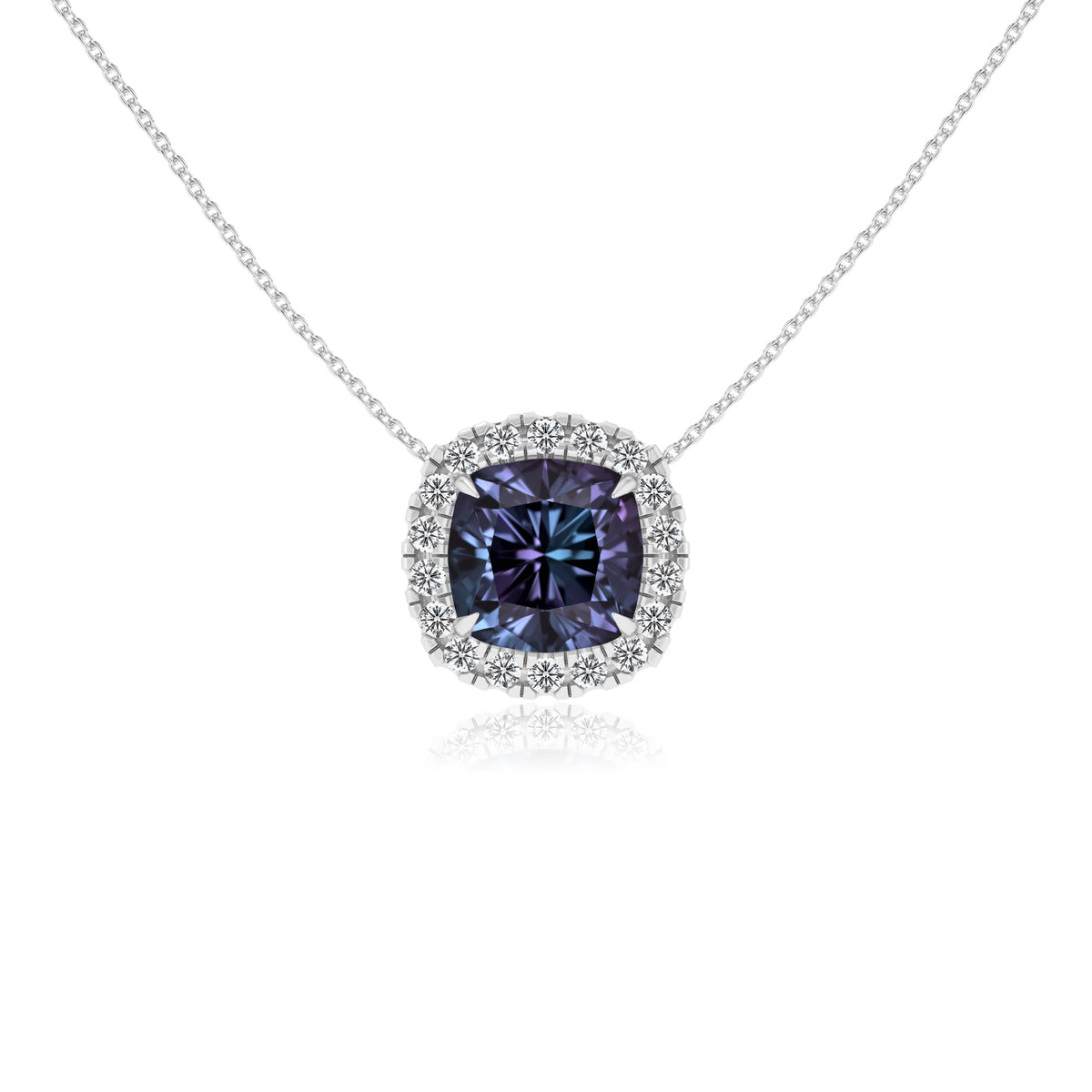 lab grown alexandrite cushion solitaire necklaces in platinum 