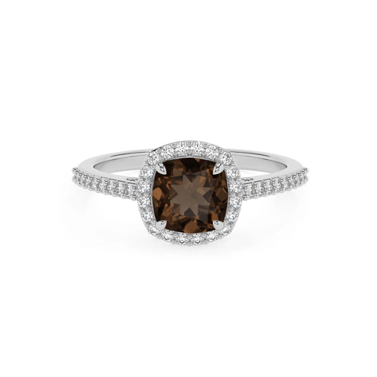 natural smoky-quartz cushion solitaire rings in white gold 