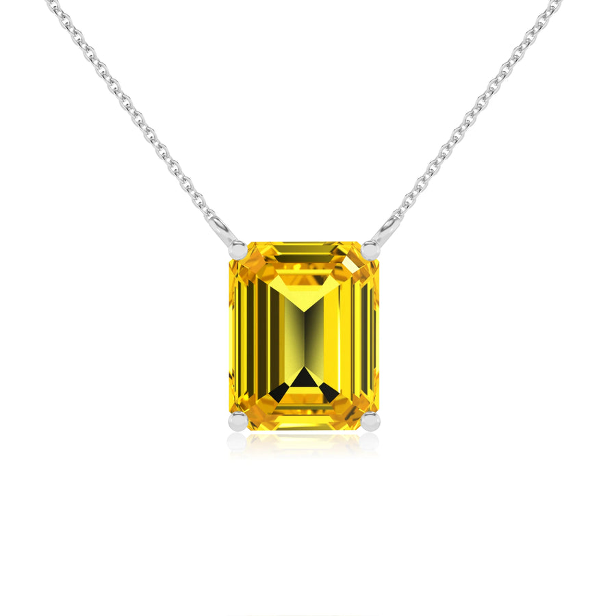 lab grown yellow-sapphire emerald cut solitaire necklaces in white gold 